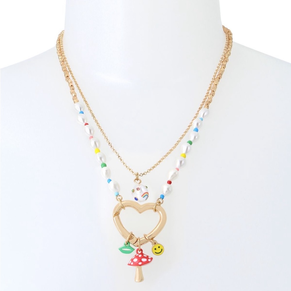 Betsey Johnson One Love Heart Charm Mushroom Smile Lips Necklace Rainbow - NWT